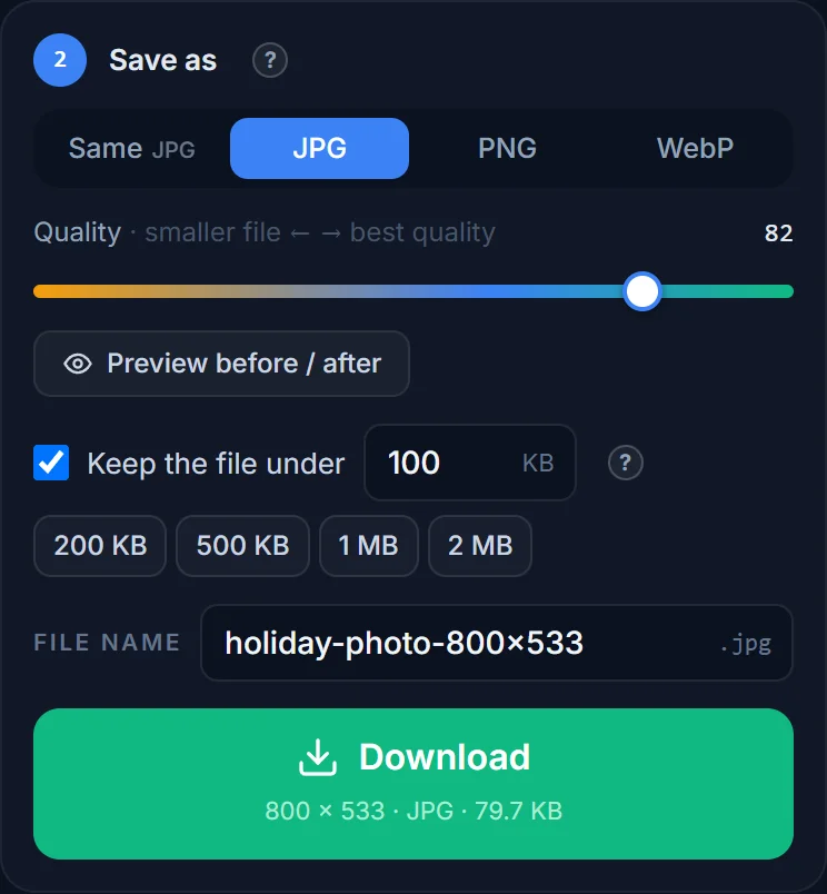 The Save as panel: JPG selected, quality 82, “Keep the file under 100 KB” ticked, Download showing 99.4 KB