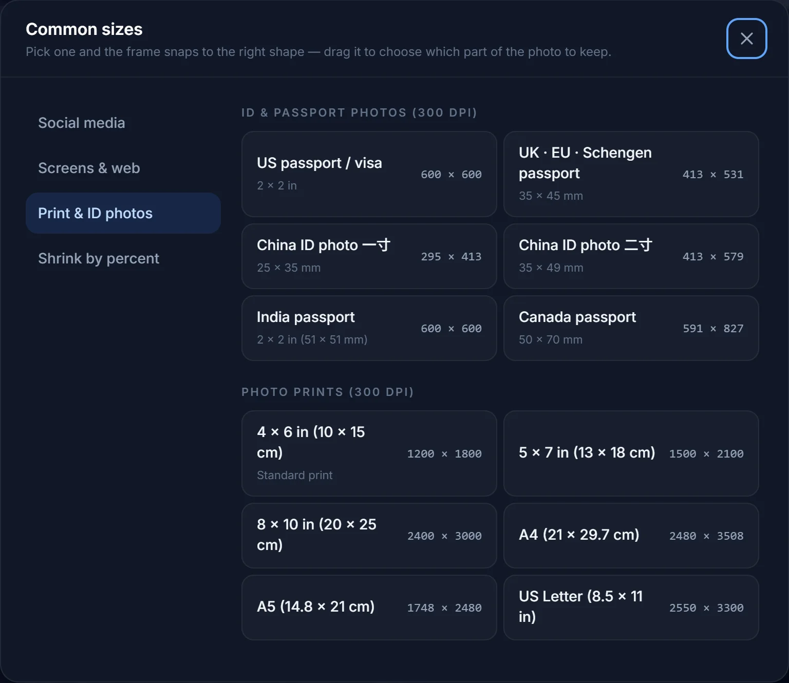 The Common sizes dialog on the Print & ID photos tab with 4 × 6, 5 × 7, 8 × 10, A4, A5 and US Letter at 300 DPI